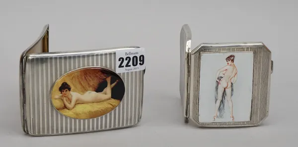A silver curved rectangular cigarette case, the lid later applied with an oval enamelled panel depicting the reclining figure of a naked lady, on a ba