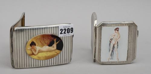 A silver curved rectangular cigarette case, the lid later applied with an oval enamelled panel depicting the reclining figure of a naked lady, on a ba