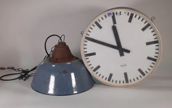 Burk, circa 1970s a double sided train station clock, 41cm wide, a 20th century Russian blue enamel hanging ceiling light, 36cm wide, a brass desk lam