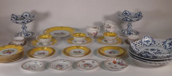 Ceramics, comprising; a Meissen part dinner service, a Dresden part tea service and a Victorian part tea service with yellow border decoration, (qty).