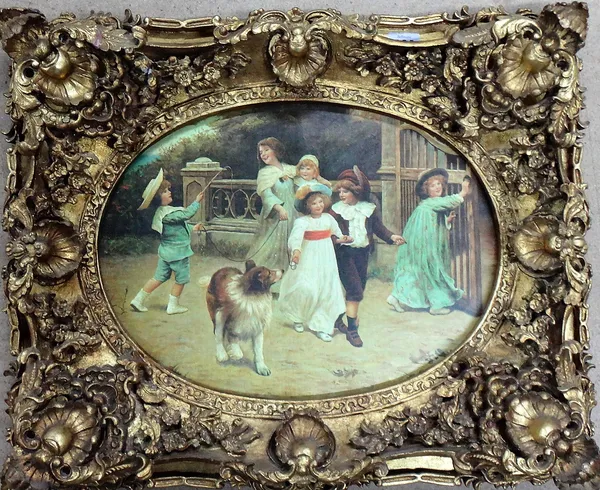 Manner of Arthur Elsley, Children playing, a pair of oleographs, oval, each 30cm x 39cm.(2)