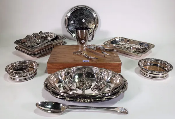 Silver plated wares, including; circular salver, cased fish knives snuffer and tray, assorted cutlery, three coasters, a mug, a cased canteen of knive