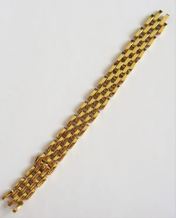 A Cartier gold bracelet, in an openwork curved bar link design, on a snap clasp, detailed Cartier FLJ 232 Au 750 (broken and worn), length 17cm, weigh