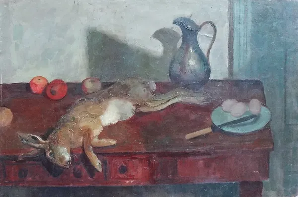 Continental School (20th century), Tabletop still life, oil on canvas, with a further still life verso, unframed, 71cm x 107cm.