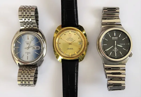 An Omega Electronic F 300 HZ, gilt metal fronted and steel backed gentleman's wristwatch, the signed gilt dial with gilt baton numerals, gilt hands, c