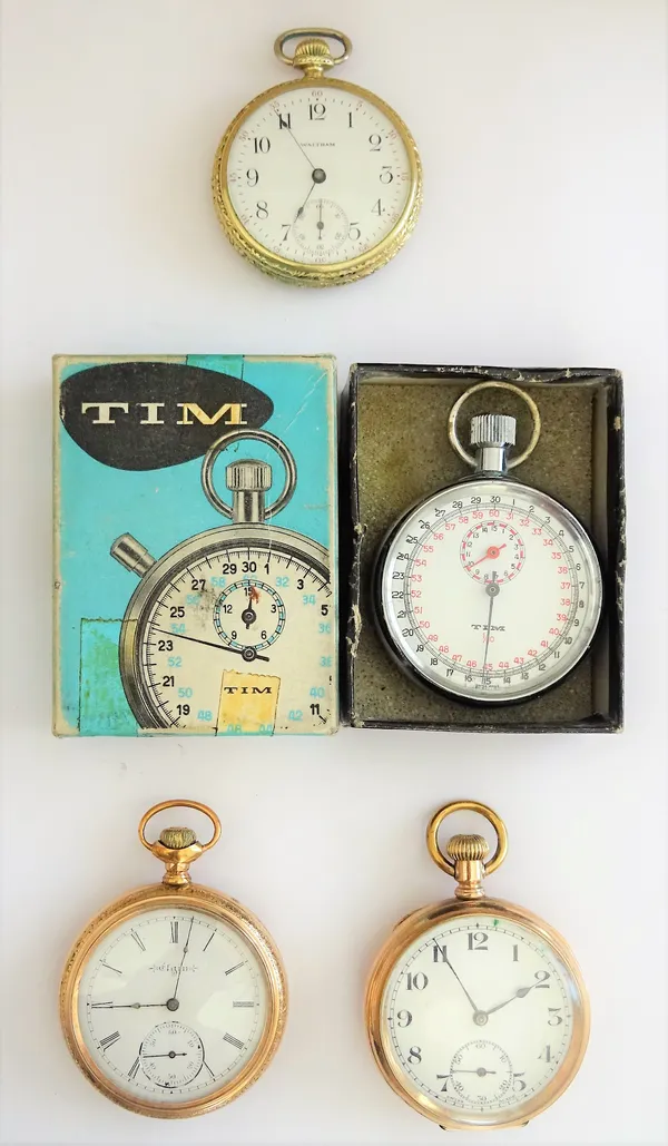 Three gilt metal cased, keyless wind, openfaced gentlemen's pocket watches, including Waltham and Elgin and a Tim keyless wind, openfaced centre stop