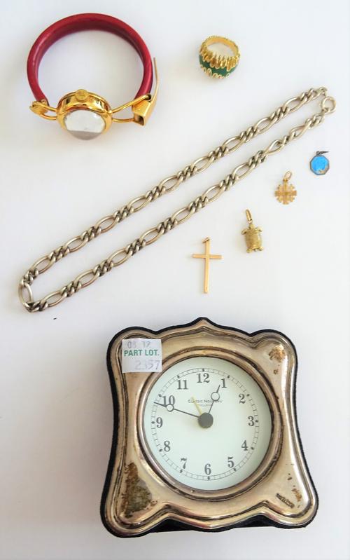 A French gold and green enamelled ring, in an abstract design, detailed Mellerio 1870 B, ring size K and a half, gross weight 11.8 gms, a gold pendant