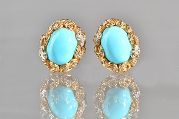 A pair of two colour gold, turquoise and diamond earclips, each mounted with an oval turquoise to the centre, within a serpentine and pierced surround