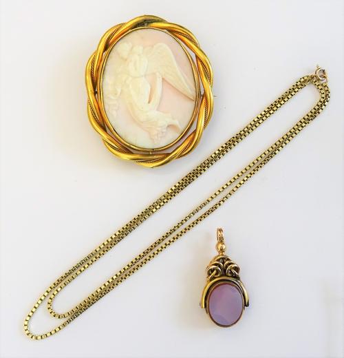 A 9ct gold box link neckchain, on a boltring clasp, weight 13.7 gms, a bloodstone and sardonyx rotating fob seal and a Victorian gilt metal mounted ov