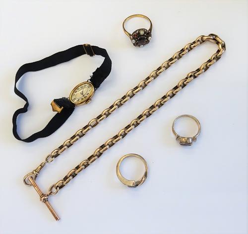 A 9ct gold, garnet and cultured pearl set oval cluster ring, an 18ct gold, oval cased lady's wristwatch, import mark London 1924, two silver and gem s