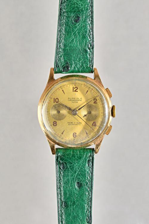 An Aureole gold circular cased gentleman's chronograph wristwatch, with an unsigned jewelled lever movement, the signed dial with gilt Arabic and arro