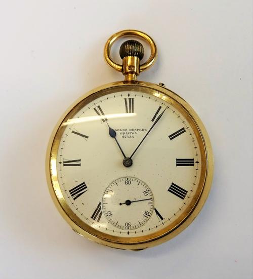 An 18ct gold cased, keyless wind, openfaced gentleman's pocket watch, the gilt lever movement detailed Charles Desprez, Bristol 27753, the signed enam