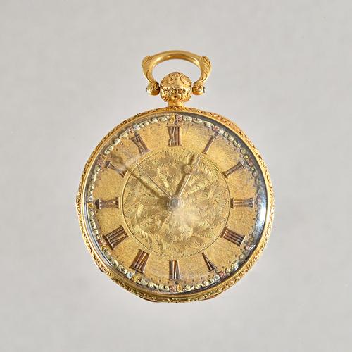 An 18ct gold cased, key wind, openfaced pocket watch, the gilt fusee movement with a lever escapement, detailed to the backplate Wilmshurst, Brighton,