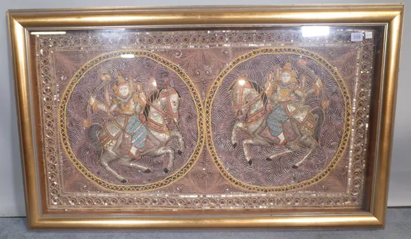 A framed early 20th century Thai embroidered panel, 110cm wide x 64cm high.