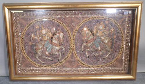 A framed early 20th century Thai embroidered panel, 110cm wide x 64cm high.