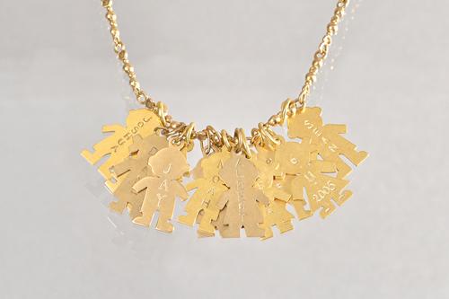 A gold necklace, in a cast link design, fitted with twelve pendants designed as baby girls and boys, detailed with names and dates, some 9ct gold and