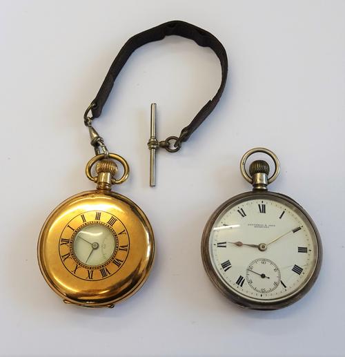 A gilt metal cased, keyless wind, half hunting cased gentleman's pocket watch, the jewelled precision lever movement detailed Thos Russell & Son, Live