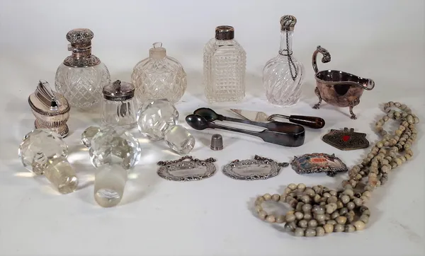 Plated and metal wares, including; silver topped bottles, sauceboat, thimbles, stoppers and sundry, (qty).