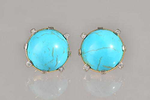 A pair of gold, turquoise and diamond earclips, each mounted with a hemispherical turquoise to the centre, the surround mounted with four circular cut