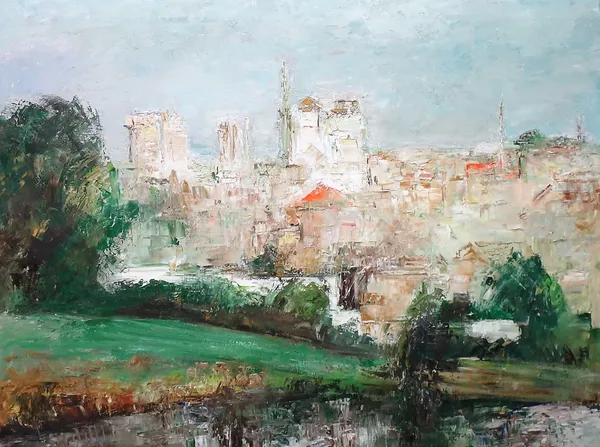 British School (20th century), View of a town, oil on canvas, indistinctly inscribed on reverse, unframed, 98cm x 132cm.; together with a part canvas