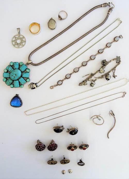 Silver and other jewellery, comprising; a turquoise matrix pendant, with a collar chain, a penguin pendant, with a neckchain, two further neckchains,