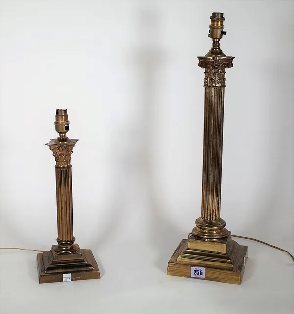 A 20th century brass table lamp formed as a Corinthian column on plinth base, 48cm high, and another smaller, 30cm high, (2).