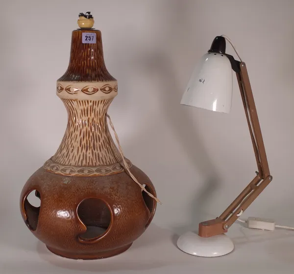 A West German brown glaze ceramic table lamp, 52cm high, and a white enamel angle poise desk lamp, 44cm high, (2).