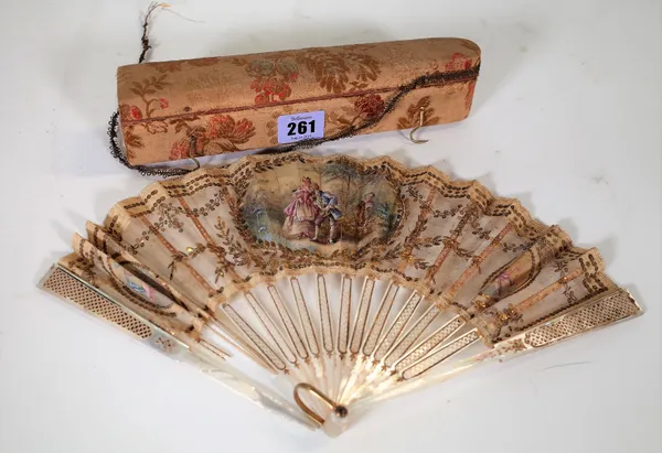 A 19th century mother-of-pearl and lace fan, cased.