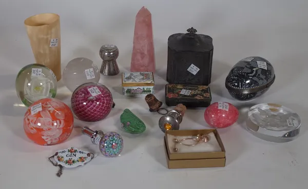 Collectables, including; various glass paperweights, a horn cup, a pewter jug and cover, marbles and sundry, (qty).