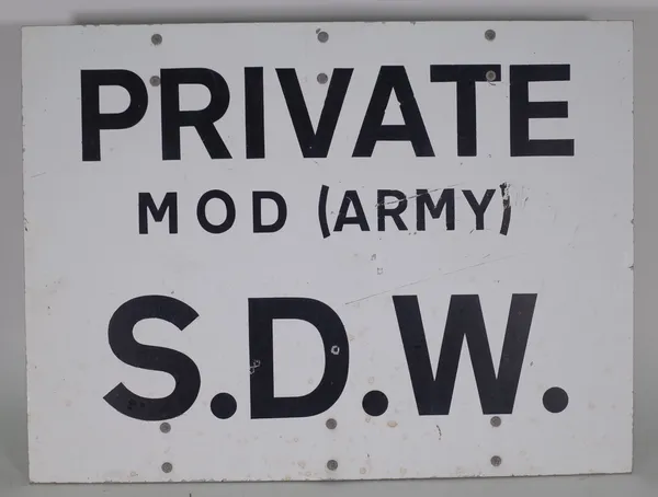 A mid-20th century metal Army sign, 'Private M.O.D (army) S.D.W', 51cm wide x 38cm high.