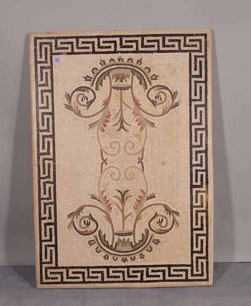 A 20th century rectangular mosaic marble top, lacking base, 101cm long x 70cm wide.