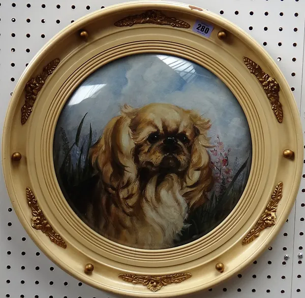 ** Dianne? (19th/20th century), Study of a Pekinese, circular, oil on card, indistinctly signed, 33cm diameter.