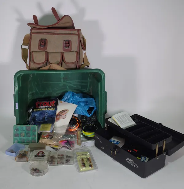 A large green plastic tackle box with contents, an Old Pal tackle box with floats and a hook, a collection of mixed tackle and a fly fisher's canvas a