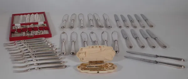 A set of six silver coffee spoons, a set of silver plated fish knives and forks and a Victorian ivory and gilt metal sewing etui, cased, (qty).