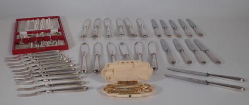 A set of six silver coffee spoons, a set of silver plated fish knives and forks and a Victorian ivory and gilt metal sewing etui, cased, (qty).