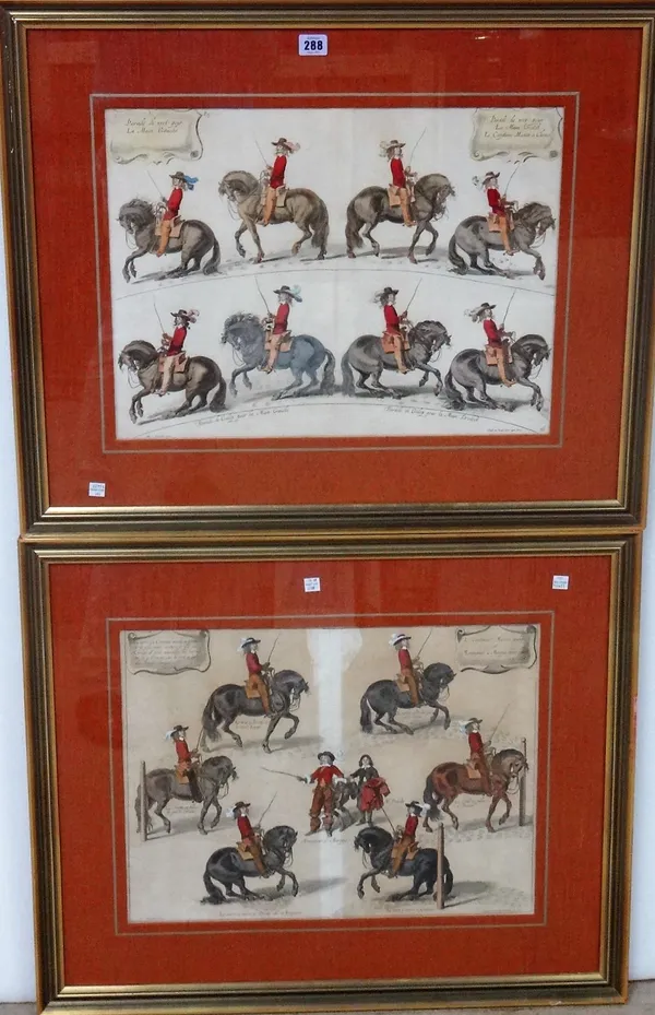 After Abraham van Diepenbeck, Equestrian subjects, a set of four engravings by van Kessel, with hand colouring, each 38cm x 51cm.; together with a fur