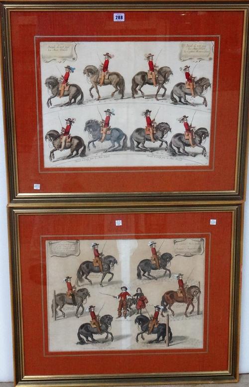 After Abraham van Diepenbeck, Equestrian subjects, a set of four engravings by van Kessel, with hand colouring, each 38cm x 51cm.; together with a fur