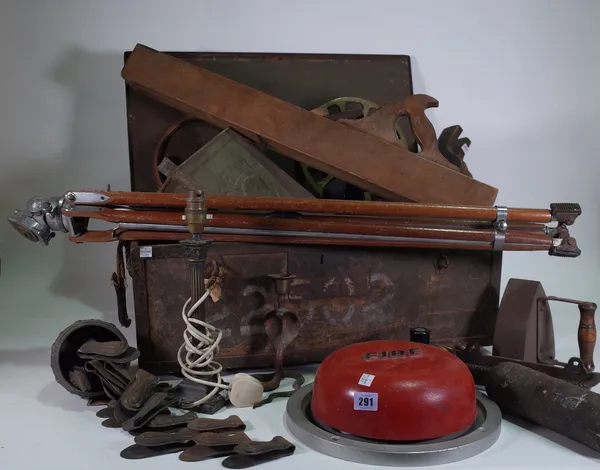 A carpenters 30" door plane, a wooden tripod by Craig, a Shell petrol can, a Crank fire alarm, stair carpet grippers, a stove iron and sundry, (qty).