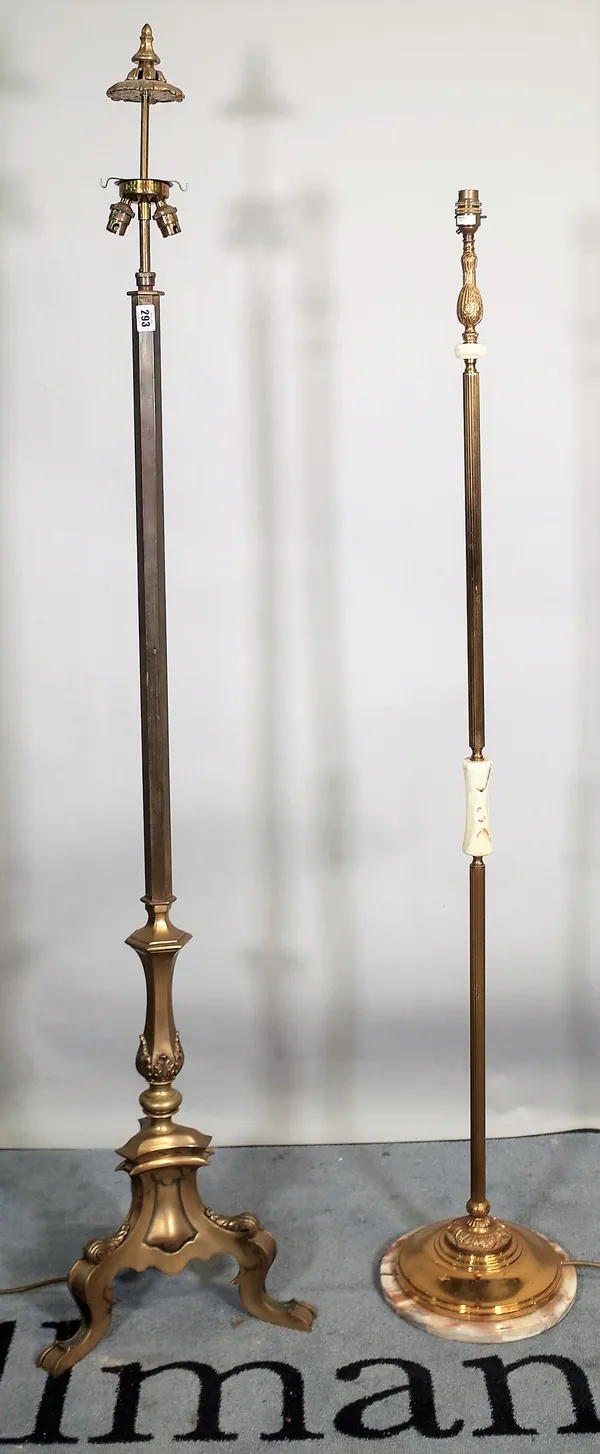 A Regency style brass standard lamp with octagonal column, 164cm high and another brass standard lamp on onyx plinth base, 143cm high, (2).