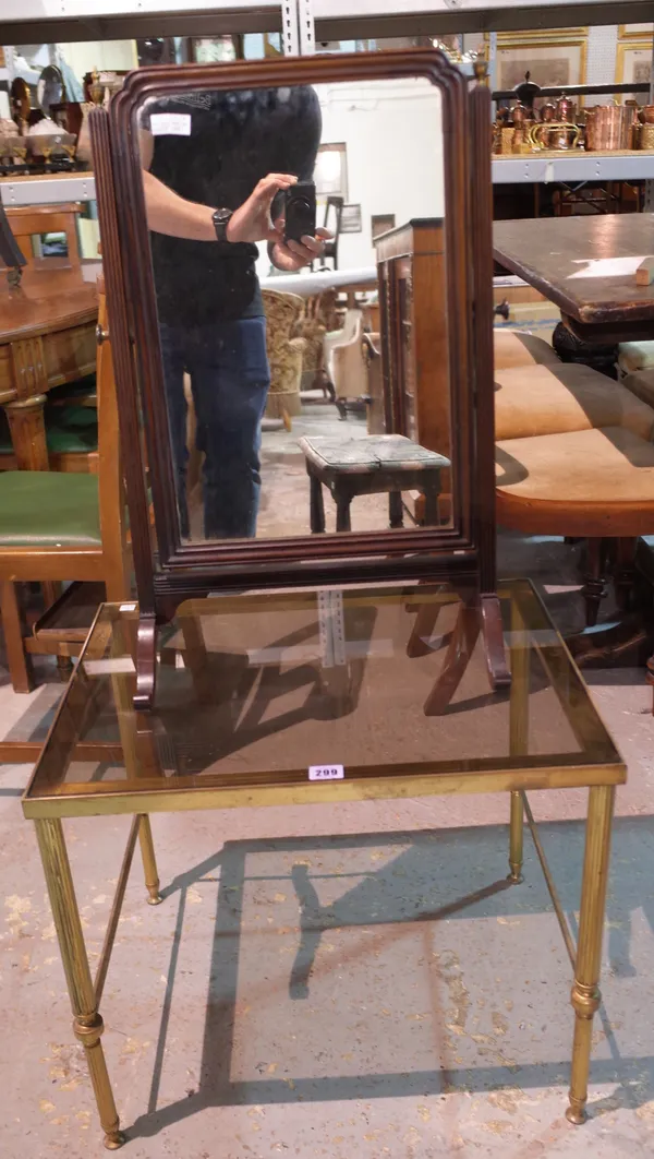 A mid-20th century lacquered brass occasional table, 56cm wide, together with a late 19th century mahogany dressing table mirror, 43cm wide x 62cm hig