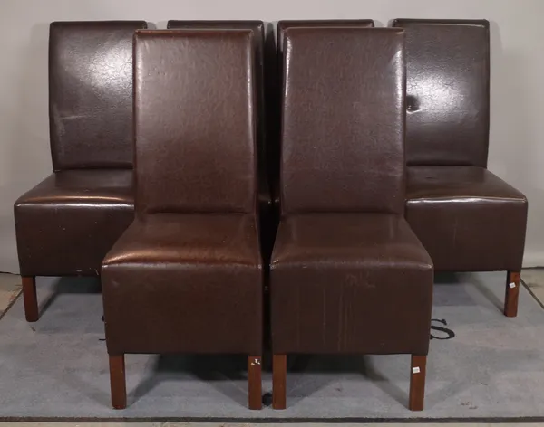 A set of six 20th century hardwood framed dining chairs with brown leather upholstery.