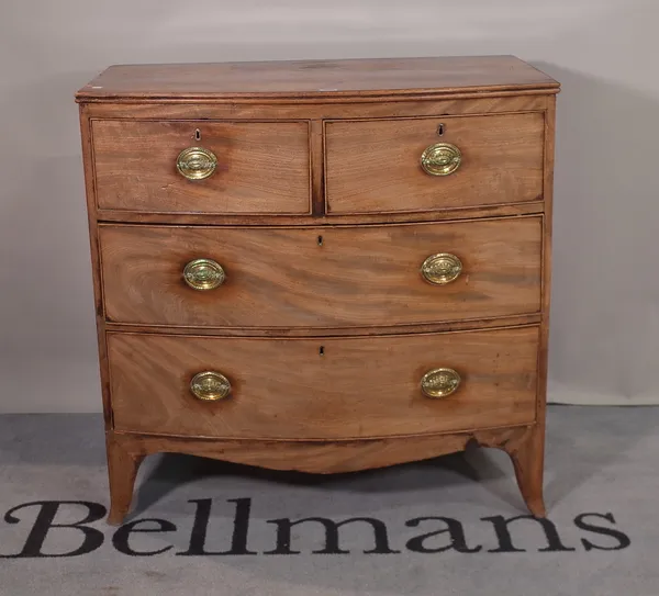 A 19th century mahogany bowfront chest of two short and two long drawers on splayed bracket feet, 72cm wide x 81cm high.