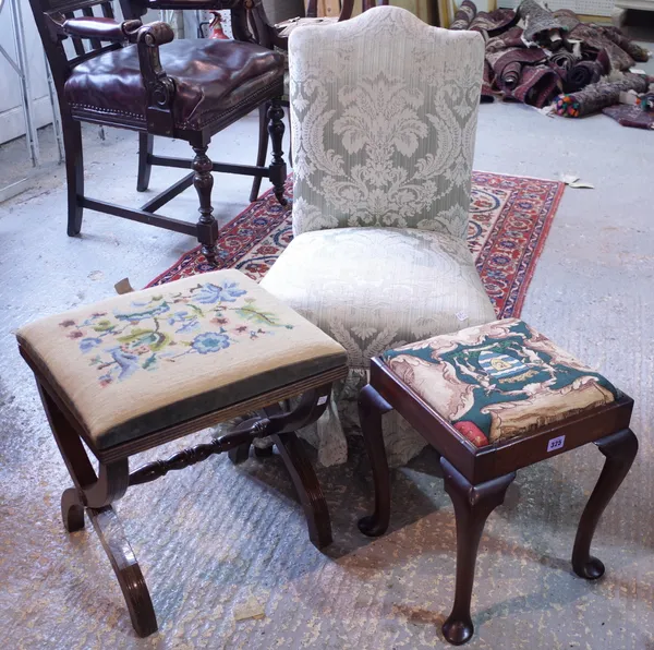 A Victorian mahogany low chair, a Victorian style footstool and a regency style 'X' frame footstool, (3).