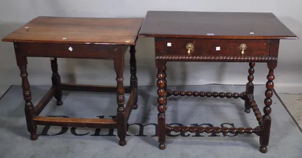 A 17th century and later oak single drawer side table on bobbin turned supports, 77cm wide x 69cm high, and an 18th century and later oak side table,