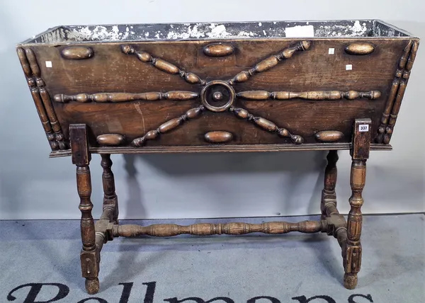 An early 19th century and later dough bin on stand with zinc liner, 121cm wide x 88cm high.