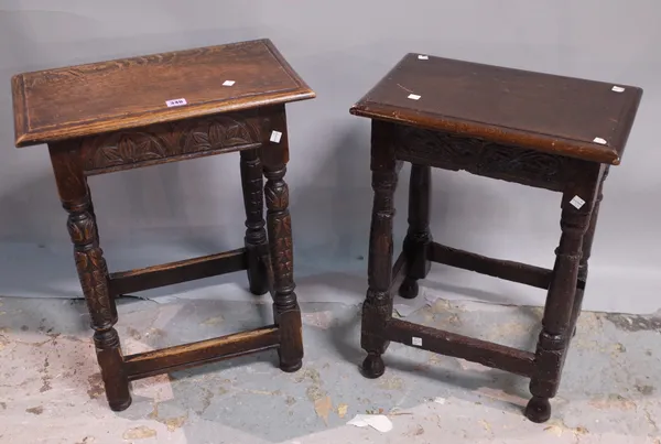 A 17th century and later oak joint stool on turned cabriole supports 43cm wide x 56cm high and another similar, 49cm wide x 58cm high, (2).