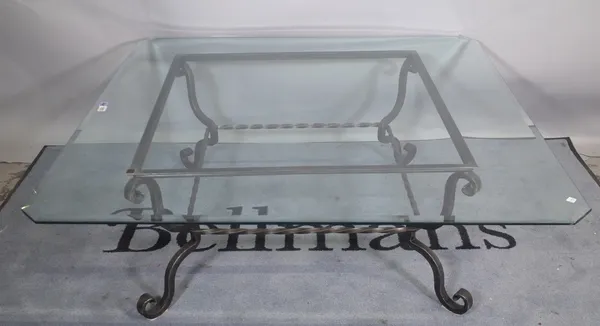 A late 20th century square wrought iron coffee table with bevelled glass top, 121cm wide x 43cm high.