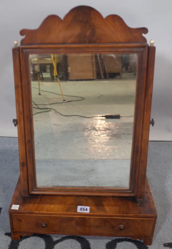 A late George II mahogany toilet mirror with single frieze drawer on bracket feet, 38cm wide x 61cm high.