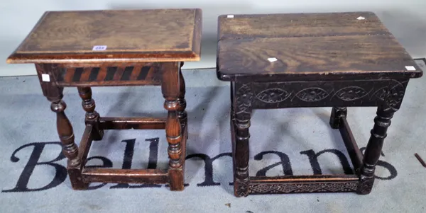 An 18th century and later oak joint stool, 46cm wide x 48cm high, and another similar on turned supports, 47cm wide x 43cm high, (2).