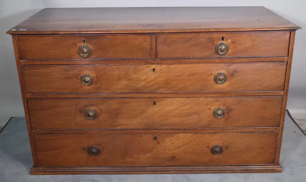 An early 19th century mahogany chest of two short and three long graduated drawers on plinth base, 140cm x 82cm high.